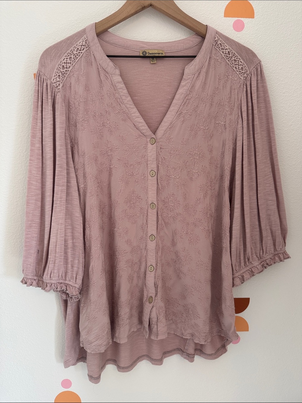 Democracy Dusty Rose Button-Front Embroidered Blouse N0045